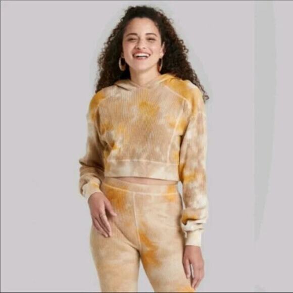 Wild Fable Cropped Hoodie Waffle Knit XS Brown TieDye Oversize Sweatshirt Casual - Picture 6 of 10